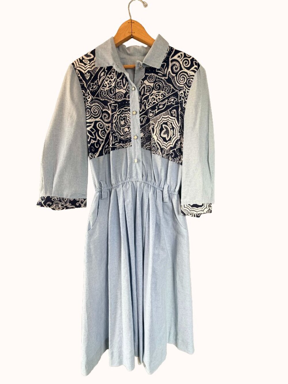 80s Style Western Chambray Shirtdress Paisley Panel Snap Front M/L